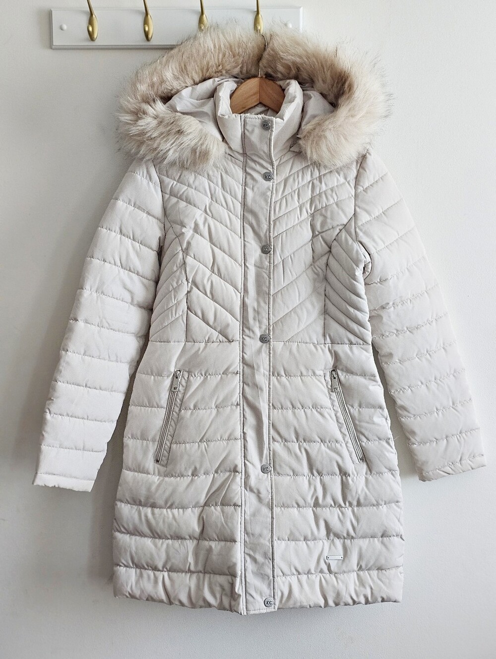 Kenneth Cole New York Women’s S/P Ivory Quilted Faux Fur Hood Puffer Coat